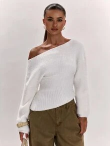 SHEIN BAE 韓系時尚百搭休閒度假風軟針織不對稱露肩毛衣，秋冬通勤新款 - 白色 - 查看 4