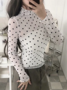 DAZY 女款透視蕾絲高領修身波點套頭T恤 秋季 - 白色 - 查看 5