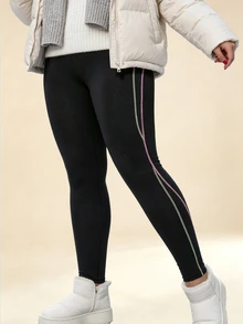 SHEIN Rhythm Era Legging Olahraga Wanita Ukuran Besar Musim Gugur/Dingin, Tebal, Berlapisan Termal, Motif Garis-Garis Blok Warna, Motif Patchwork - Hitam - View 4