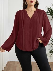 Modelyn Plus Size Women Solid Color Rolled Sleeve Notch V-Neck Blouse - Burgundy - View 4