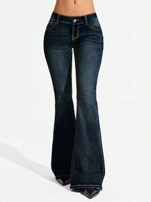 Jeanoix Jeans Denim Biru Flare Pinggang Tinggi Gaya Vintage Kasual Musim Gugur untuk Pergi Keluar, Washed, Ukuran Besar untuk Wanita - Dark Wash - View 7