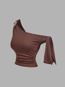 SHEIN MOD 2件組蝴蝶結金屬3D花朵女款不對稱單肩上衣 - 彩色 - 查看 10