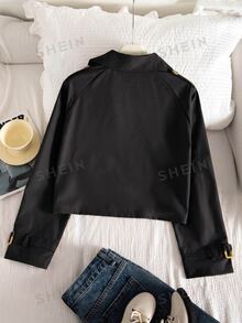 SHEIN 青少年女孩秋季拿破崙貓眼街頭風可愛雙排扣短款風衣，適合度假、日常、上班與哺乳，橄欖綠 - 黑色 - 查看 3