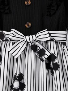 Casuvi Kids Young Girl Preppy Floral Dress, Ruffle Sleeve Stripe Skirt With Bow Fall Party Dress - Black - View 5