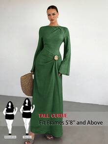 SHEIN Tall CURVE 大尺碼女款圓領長袖腰部金屬裝飾優雅連身裙 秋季 - 軍綠色 - 查看 1