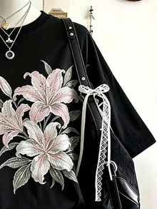 Lalippa Women's Plus Size Loose Short Sleeve T-Shirt With Round Neck, Floral Heat Transfer Print And Faux Rhinestone Decor, Casual Daily Wear - Multicolor - View 3