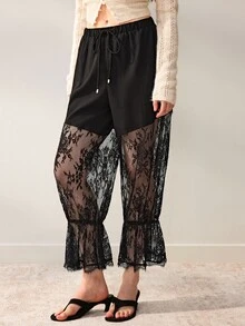 Willow Rêve Loose Black Long Pants, Floral Lace Patchwork Craft, Drawstring Waist And Sheer Flare Leg Design, Summer Bohemian Style, Suitable For Vacation, Party And Travel Wear - Black - View 1