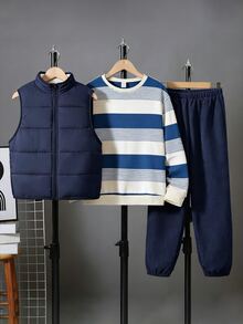 SHEIN 3件組兒童青少年男孩秋冬可愛休閒百搭保暖內裡加厚背心外套、卡其色條紋運動衫、運動慢跑長褲套裝，適合室內、戶外、日常穿著與玩耍 - 藍色 - 查看 3