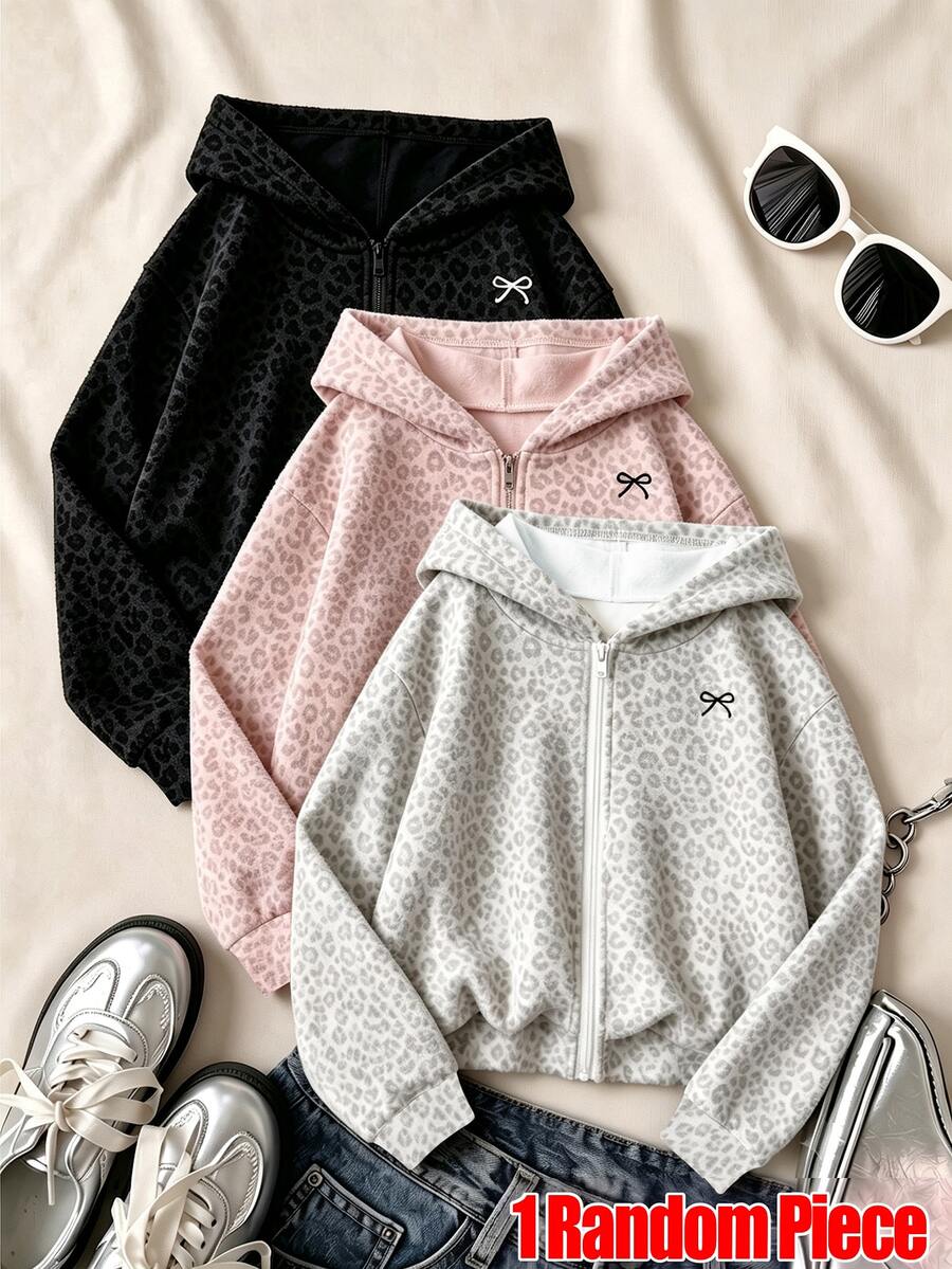 1 Random Piece Girls Y2K Leopard Print Full Zip Sweatshirt, Pink Leopard, Black Leopard, Grey Leopard, Autumn/Winter Basic Casual Streetwear Jacket - Multicolor - View 1