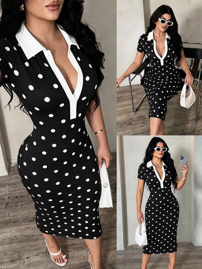 SHEIN SXY Vestido de punto tipo polo de manga corta para mujer, estilo casual sexy minimalista de moda para ir a la oficina y brunch, a rayas y lunares en blanco y negro, corte ajustado y largo medio