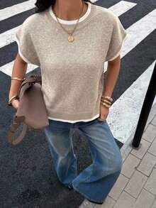 Siren Gaze 女款拼色圓領短袖休閒極簡針織上衣 辦公穿搭 白色 - 卡其色 - 查看 4