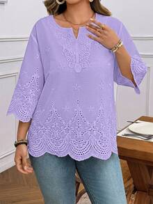 SHEIN LUNE 大尺碼女款燒花刺繡休閒百搭日常旅行襯衫 - 紫色 - 查看 3