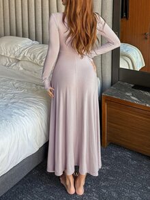 Dazy Maternity Solid Color Fitted Cinched Waist Ruched Tie Long Sleeve V-Neck Casual Vacation Daily Spring Autumn Dress Maternity Dress - Pink - View 2