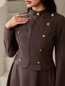 Veilorie 女款純色長袖上衣與裙子休閒日常兩件套 - 咖啡棕 - 查看 3