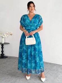 Firerie Women's New Elegant Vacation Commute Casual French Romantic Cross Pleated Batwing Sleeve Cinched Waist Umbrella Hem Long Dress, Umbrella Hem Long Dress, Elegant Romantic Long Dress, V-Neck Long Dress, Sexy Daily Elegant Commute Women's Long Dress, Spring/Summer Clothing, Elegant, Commute, Date, Party Dress, Graduation Dress, Wedding Guest Dress, Ball Gown, Formal Occasion - Blue - View 8