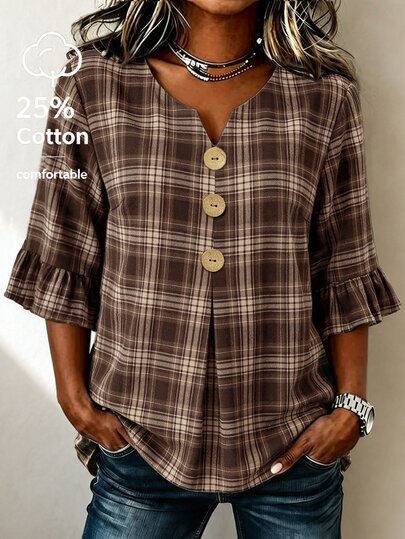 EMERY ROSE Plus Size Women's Brown Plaid Shirt With V-Neck, Button Decor And Mid-Sleeves, Plaid Top, Spring/Autumn