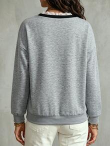 Glimmora Women's Autumn/Winter New Hot-Selling Exquisite Lace Patchwork Design Casual Versatile Sweatshirt - Grey - View 2