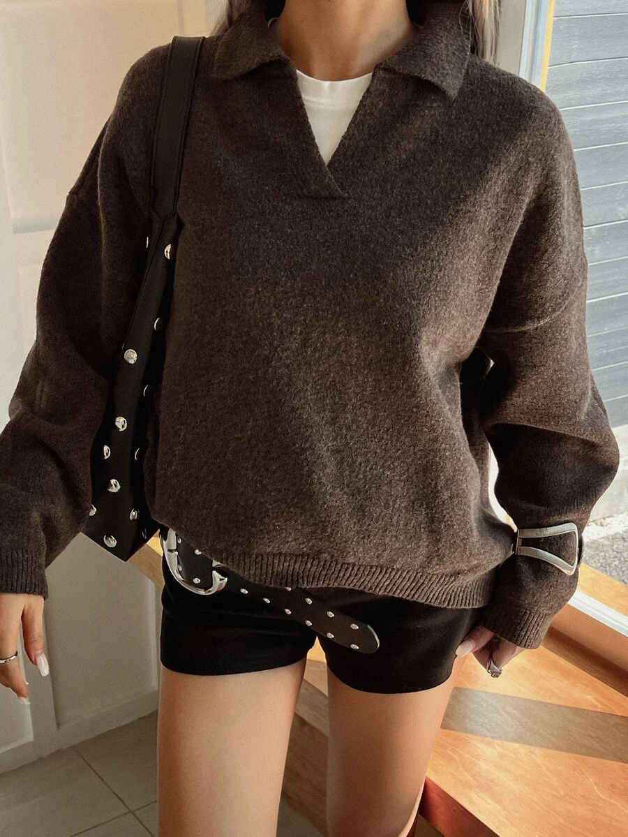 DAZY Solid Color Minimalist Casual V-Neck Knit Sweater For Women - Brown - View 1