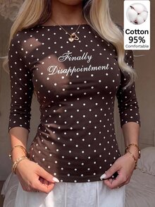 SHEIN EZwear 休閒極簡風 95% 棉性感露肩波點標語短袖 T 恤，適合春夏，春夏服飾搭配，奶油黃條紋顯白，夏季上衣，適合日常通勤、約會、聚會，秋冬春夏、聖誕節、新年、感恩節、派對、婚禮、海灘、畢業典禮，時尚 - 彩色 - 查看 1