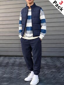 SHEIN 3件組兒童青少年男孩秋冬可愛休閒百搭保暖內裡加厚背心外套、卡其色條紋運動衫、運動慢跑長褲套裝，適合室內、戶外、日常穿著與玩耍 - 藍色 - 查看 5
