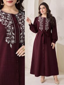 Feyla Plus Size Women's Floral Print Round Neck Long Sleeve Elegant Dress - Burgundy - View 1