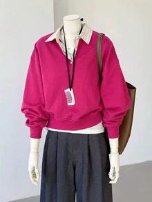 INAWLY 女款拼接條紋襯衫領長袖休閒衛衣 - 玫紅色 - 查看 3