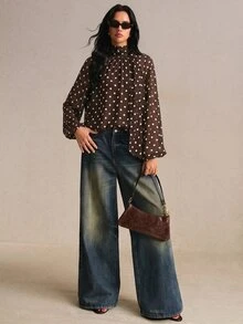 Poéselle Women's Polka Dot Pattern Stand Collar Lantern Sleeve Elegant Blouse - Brown - View 3