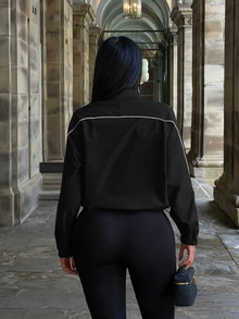 SHEIN SXY Jaket Kasual Musim Gugur dengan Trim Blok Warna dan Resleting - Hitam - View 2