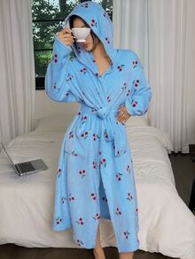 SHEIN 女款冬季毛絨櫻桃印花連帽睡袍 - 藍色 - 查看 4