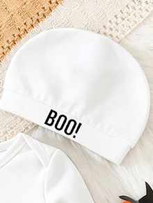 SHEIN 2pcs Baby Boy Newborn Halloween Smiling Face Boo Pattern Knitted Soft Round Neck Long Sleeve Romper And Hat, Cute Holiday Style, Suitable For Autumn And Winter - White - View 6