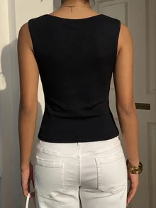 Aloruh 女款法式極簡休閒通勤百搭日常性感修身顯瘦抓皺設計背心 - 黑色 - 查看 2