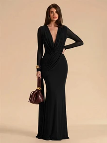 SHEIN BAE Women's Elegant Party Solid Color Wrap Mermaid Dress - Black - View 5