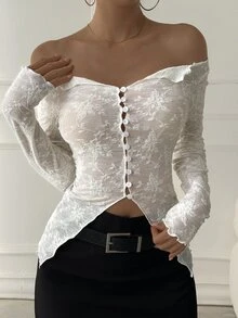 DAZY Women's Square Neck Lace Top Sexy Casual T-Shirt Fall - White - View 4