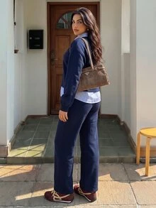 Elaquor Plus Size Button Striped Patchwork 2 In 1 Sweatshirt And Pocket Long Pants Two Pieces Set - Navy Blue - View 2