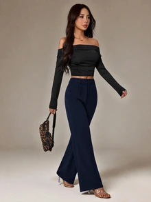 SHEIN PETITE Women's Solid Color Casual Versatile Daily Wear Suit Pants - Navy Blue - View 8