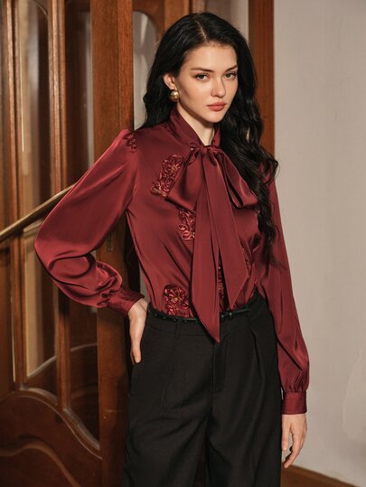 Anewsta Women's Beige Ribbon Bow Collar Puff Long Sleeve Blouse, Luxury Floral Sequin Applique Elegant Spring/Autumn Formal Wedding Guest Party Outing Top