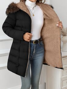 SHEIN Clasi معطف شتوي مبطن للنساء من الفرو الصناعي بتصميم مرقع مع بطانية رأس وجيوب - الأسود - مشاهدة 10