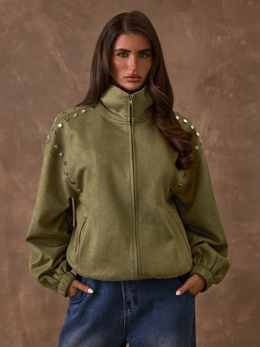SHEIN BAE Women's Casual Stud Decor Jacket, Autumn - Army Green - View 1