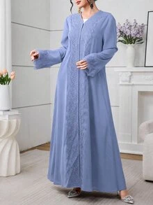 Al Najma 女款長版寬鬆休閒日常蕾絲飾邊黑色晨袍 - 霧霾藍 - 查看 5