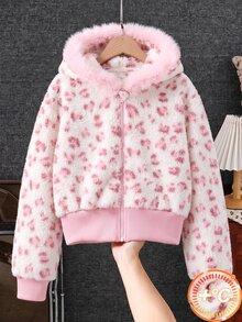 SHEIN Tween女孩甜美印花抓絨內裡連帽人造毛皮夾克 冬季加厚保暖短版毛絨外套 - 粉色 - 查看 3