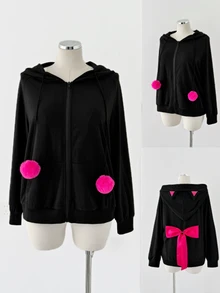 Sunspun Plus Size Women's Bowknot Decor Casual Versatile Hooded Jacket Fall - Black - View 3