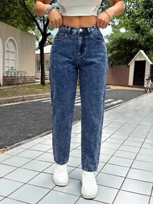 SHEIN PETITE Women's Casual Washed Tapered Jeans Fall - Dark Wash - View 4