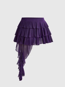 ROMWE Grunge Punk Women's Spring Break Concert Rave Festival Outfit, Sexy Punk Music Festival Party Multi-Layer Asymmetrical Ruffle Leopard Print Elastic Mesh Plus Size Skirt - Purple - View 6