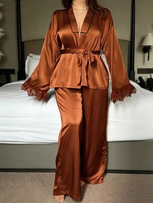 Dazy Plus Elegant Contrast Color Striped Cuff Lace Patchwork 2-Piece Set New Year Red Pajama Set Fall - Orange - View 5