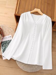 Rusticease Plus Size Casual Versatile Solid Color Long Sleeve Shirt - White - View 7