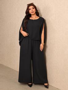 Elaquor Plus Size Solid Color Cape Sleeve Top Pants 2 Pieces Set Brunch Formal Party Black Autumn Elegant Office Business Work Fall/Winter - Black - View 6