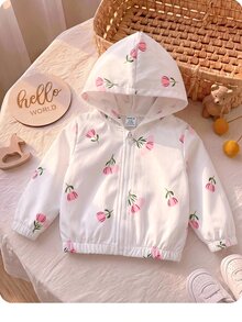 SHEIN Baby Girl Cute Casual Pink Floral Pattern Hooded Autumn Zipper Jacket Spring Versatile Outing Cute Autumn Winter Spring - White - View 1