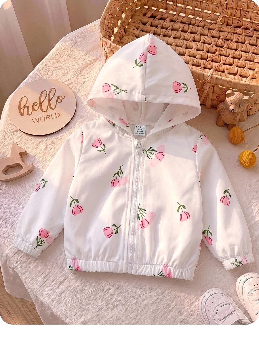 SHEIN Baby Girl Cute Casual Pink Floral Pattern Hooded Autumn Zipper Jacket Spring Versatile Outing Cute Autumn Winter Spring - White - View 1