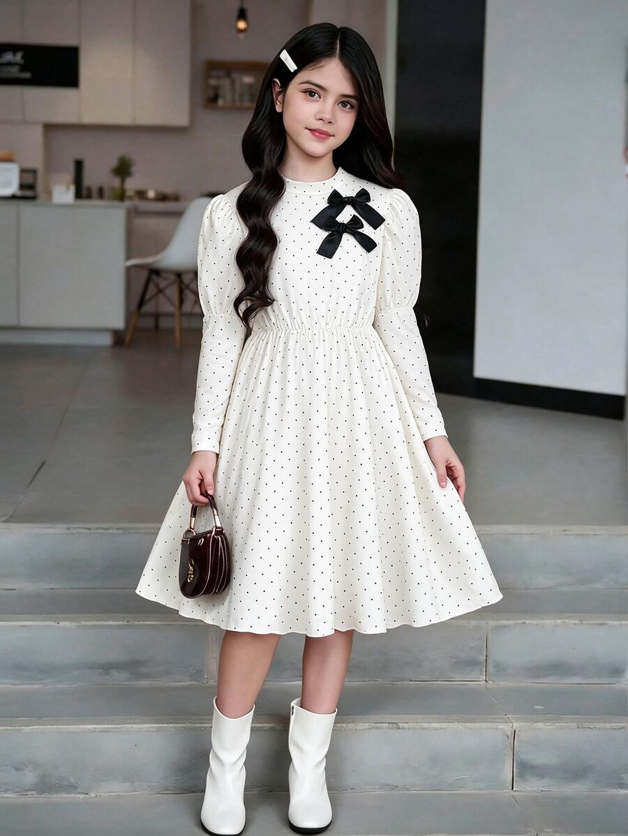 SHEIN 女童優雅甜美蝴蝶結裝飾泡泡長袖紋理洋裝,適合日常外出與聚會,春秋洋裝,秋季外出穿搭 - 白色 - 查看 1