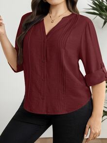 Modelyn Plus Size Women Solid Color Rolled Sleeve Notch V-Neck Blouse - Burgundy - View 7
